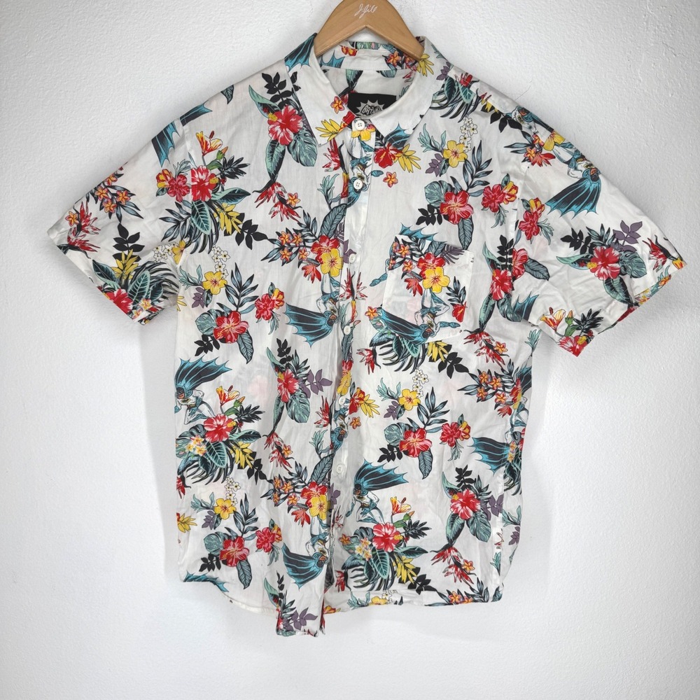 Batman Classic TV Series Mens Tropical Floral Cotton Button Shirt Large White